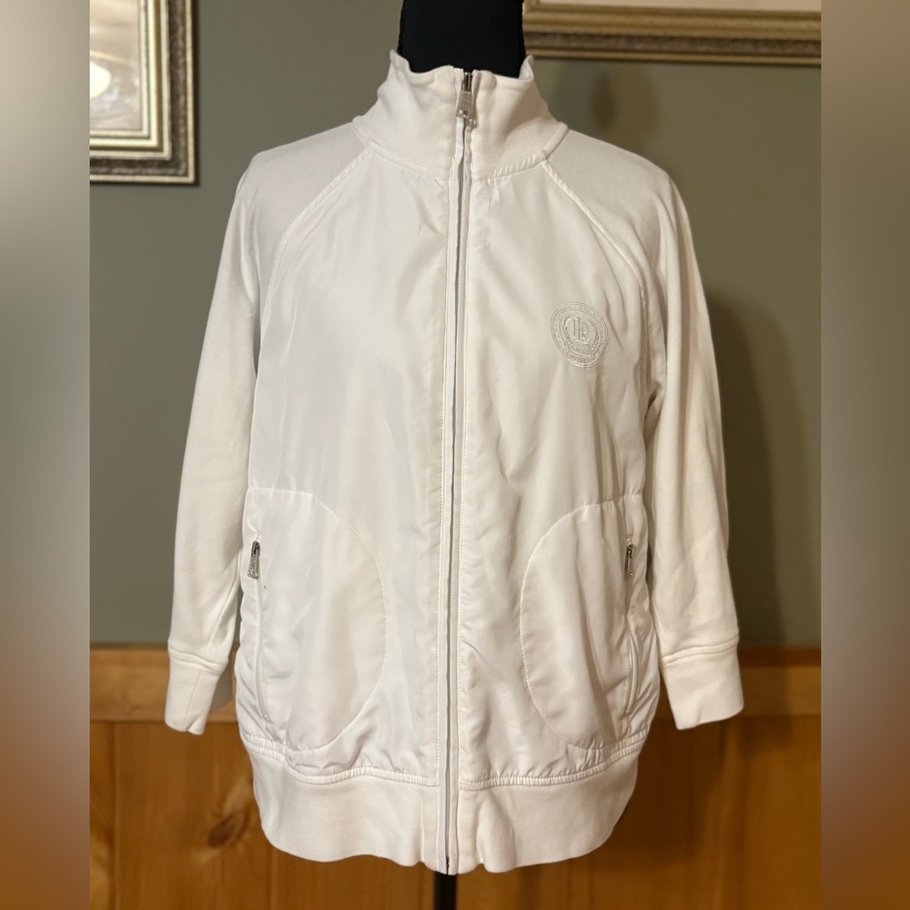 Lauren Ralph Lauren White Full-Zip Active Jacket with front Zipper Pockets.
